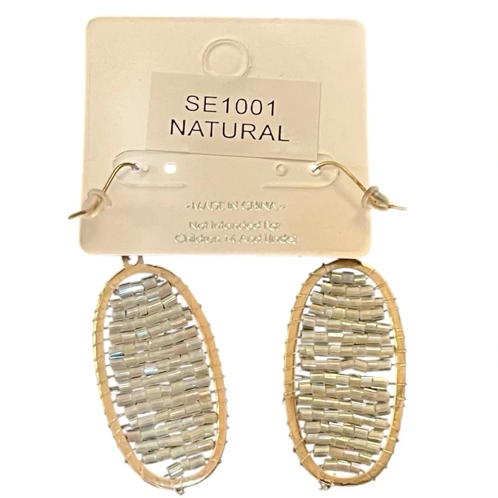Iridescent‎ Beaded Hammered Gold Tone Metal Oval Hoop Earrings NTW